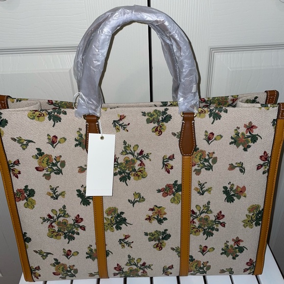 Tory Burch jumbo canvas tote shoulder bag natural rose floral yellow beige - Picture 6 of 14